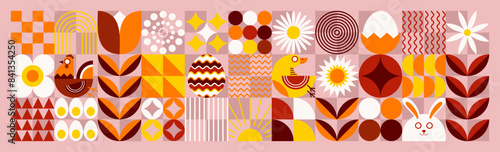 Happy Easter card with eggs. Scandinavian style. The concept of ecological farming and poultry farming. Spring floral pattern. Abstract flower plant sun simple shape, folk ukrainian design