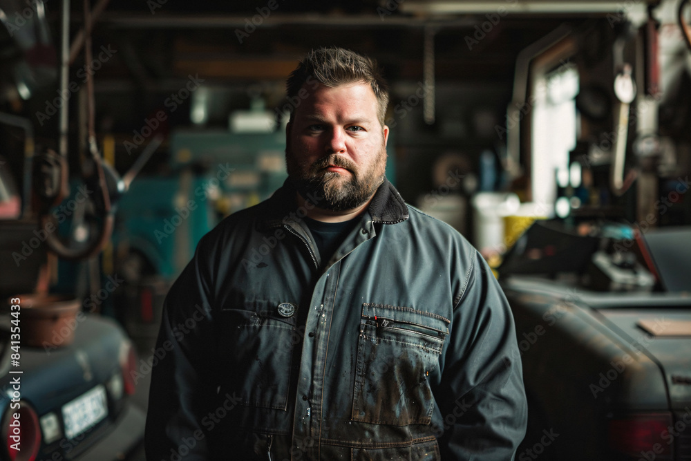 a man standing in a garage with a car in the background a man standing in a garage with a car in the background