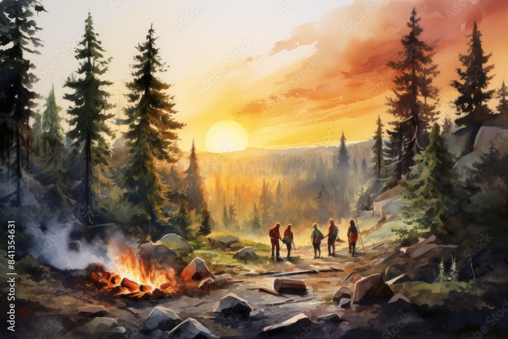 A group of people are walking through a forest with a campfire in the background, watercolor illustrations , summer activitie, Camping in the woods. A group of people are walking through a forest with a campfire in the background, watercolor illustrations , summer activitie, Camping in the woods.