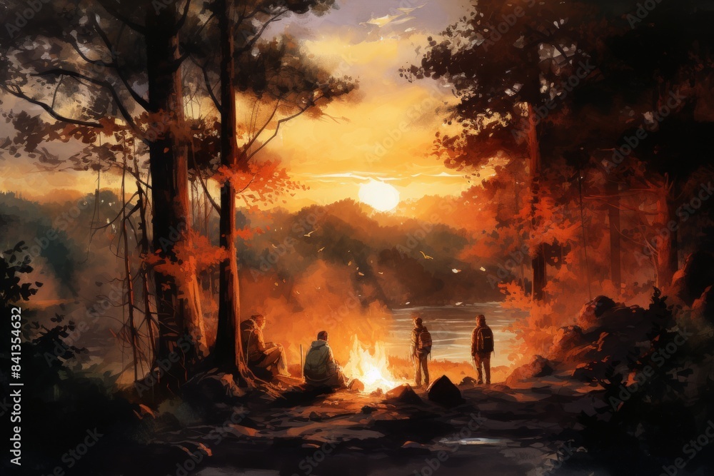 A painting of a group of people sitting around a campfire in a forest, watercolor illustrations , summer activitie, Camping in the woods. A painting of a group of people sitting around a campfire in a forest, watercolor illustrations , summer activitie, Camping in the woods.