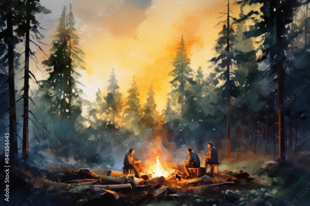 A painting of three people sitting around a campfire in a forest, watercolor illustrations , summer activitie, Camping in the woods. A painting of three people sitting around a campfire in a forest, watercolor illustrations , summer activitie, Camping in the woods.
