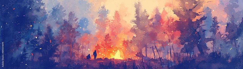 Obraz premium A painting of a forest with a man and a dog walking through it, watercolor illustrations , summer activitie, Camping in the woods.