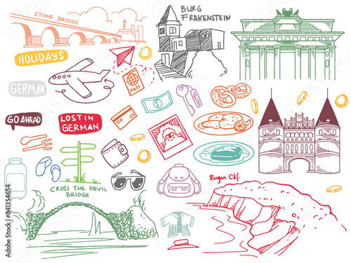 Hand drawn set of doodle travel to Germany set travel outline doodle Tourism and summer adventure.