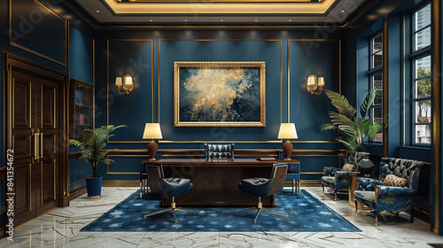"Capture an image showcasing the wall of a modern, minimalist presidential office, characterized by gold and navy blue tones. The scene excludes any furniture such as chairs or desks, focusing solely 