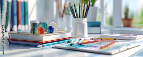 Stylish 3D white student gear set on a clean table with books, pencils, and a set of watercolor paints