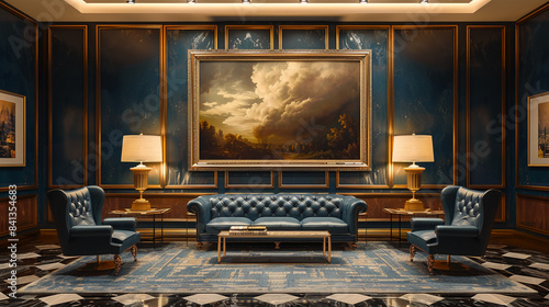 "Capture an image showcasing the wall of a modern, minimalist presidential office, characterized by gold and navy blue tones. The scene excludes any furniture such as chairs or desks, focusing solely 