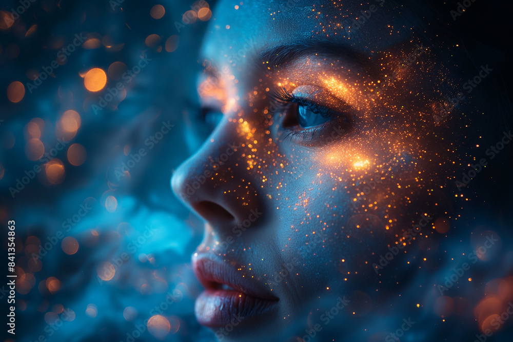 Skyward Gaze: A woman's face adorned with celestial motifs, reflecting beauty, intelligence, and inner contemplation Skyward Gaze: A woman's face adorned with celestial motifs, reflecting beauty, intelligence, and inner contemplation