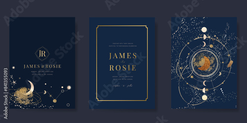 Navy Blue Luxury Wedding Invitation, start invite thank you, rsvp modern card Design in Night sky with  little star moon sun and space decorative Vector elegant rustic template