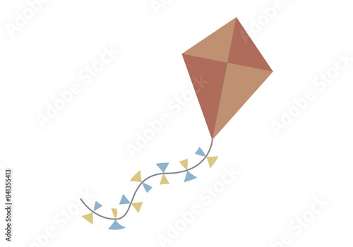 Cometa naranja con cuerda y lazos azules y amarillos.