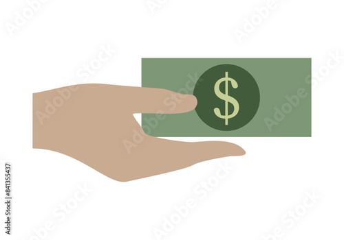 Mano dando un billete de dólar en fondo blanco.