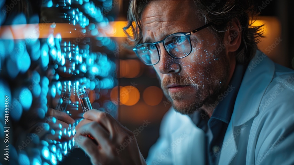 A researcher in a lab coat examines a vial of a new cancer drug trial with a cancer gene hologram displayed in the background, representing cutting-edge medical research. A researcher in a lab coat examines a vial of a new cancer drug trial with a cancer gene hologram displayed in the background, representing cutting-edge medical research.