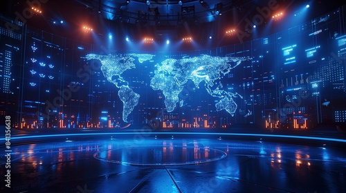 Futuristic News Studio with World Map Backdrop in Blue - Ideal for Zoom Virtual Backgrounds, Technology, Connectivity, 16:9 Aspect Ratio