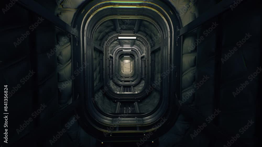 First person view of a long corridor leading to the airlock. A technical corridor abroad a spaceship. Technical space of a planetary base, highly detailed. First person view of a long corridor leading to the airlock. A technical corridor abroad a spaceship. Technical space of a planetary base, highly detailed.