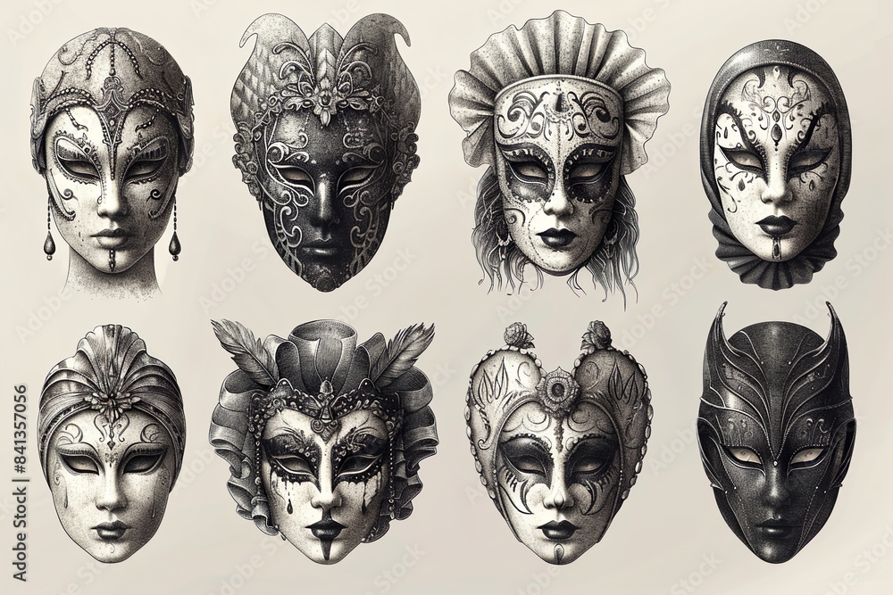 Naklejka premium illustration A collection of hand-drawn carnival masks
