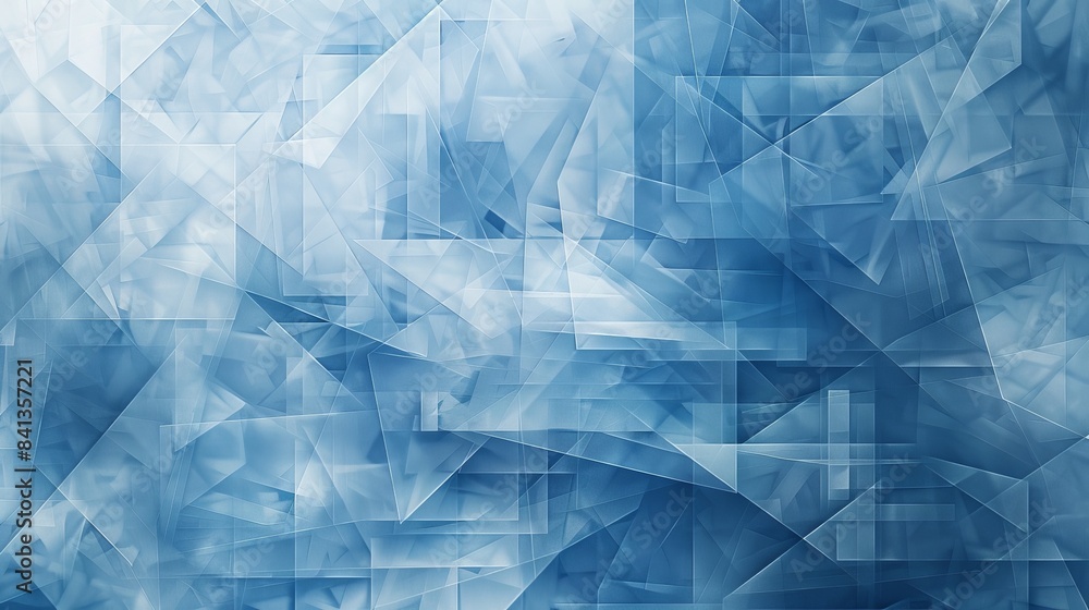 Blue geometric abstraction with layered transparent white shapes in triangles, diamonds, and squares. Blue geometric abstraction with layered transparent white shapes in triangles, diamonds, and squares.