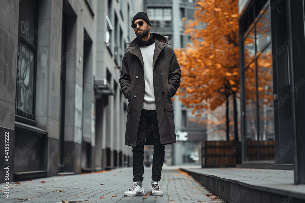 Man in a chic autumn outfit stands on a city sidewalk