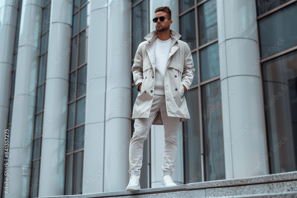 Man in a chic autumn outfit stands on a city sidewalk