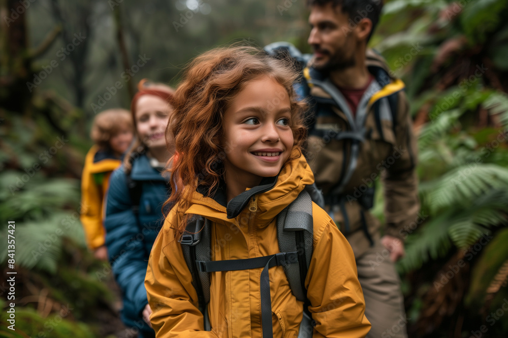 Group of people with obscured faces engage in hiking or nature exploration in a dense, green forest, with one pointing out directions or discoveries Group of people with obscured faces engage in hiking or nature exploration in a dense, green forest, with one pointing out directions or discoveries