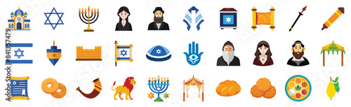 Jewish Icons set, vector flat cartoon illustration. Religion symbols - Torah, synagogue, David star, Hanukkah, Hamsa, challah bread, orthodox man and woman, dreidel, Israel flag.