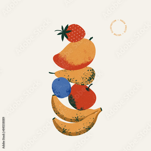 A pile of fresh fruits. Banana with mango and apple with strawberry and pear. Vector illustration