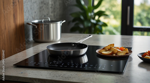 Modern induction cooktop equipped with touch controls and an extended surface © ShadabAsg