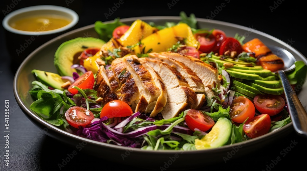 Photograph of a colorful and healthy salad with a variety of fresh vegetables, grilled chicken, and a light vinaigrette dressing Photograph of a colorful and healthy salad with a variety of fresh vegetables, grilled chicken, and a light vinaigrette dressing