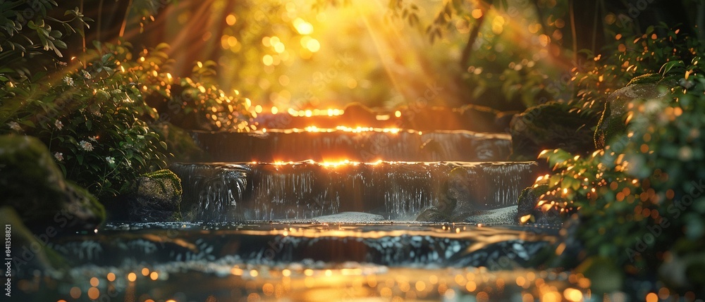 Water cascading in garden at sunset, Fantasy, Soft greens and golds, Digital art, Dreamy atmosphere and magical light 8K , high-resolution, ultra HD,up32K HD Water cascading in garden at sunset, Fantasy, Soft greens and golds, Digital art, Dreamy atmosphere and magical light 8K , high-resolution, ultra HD,up32K HD