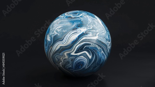 a blue marble with intricate swirls of white and gray  shot against a black background.