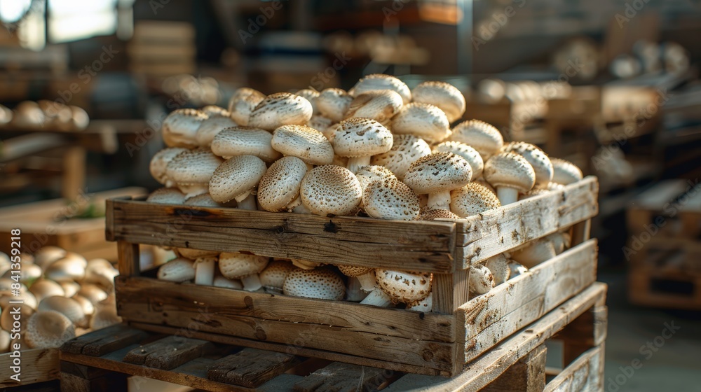 A wooden box with porcini mushrooms, in the background a warehouse with wooden pallets. champignon A wooden box with porcini mushrooms, in the background a warehouse with wooden pallets. champignon