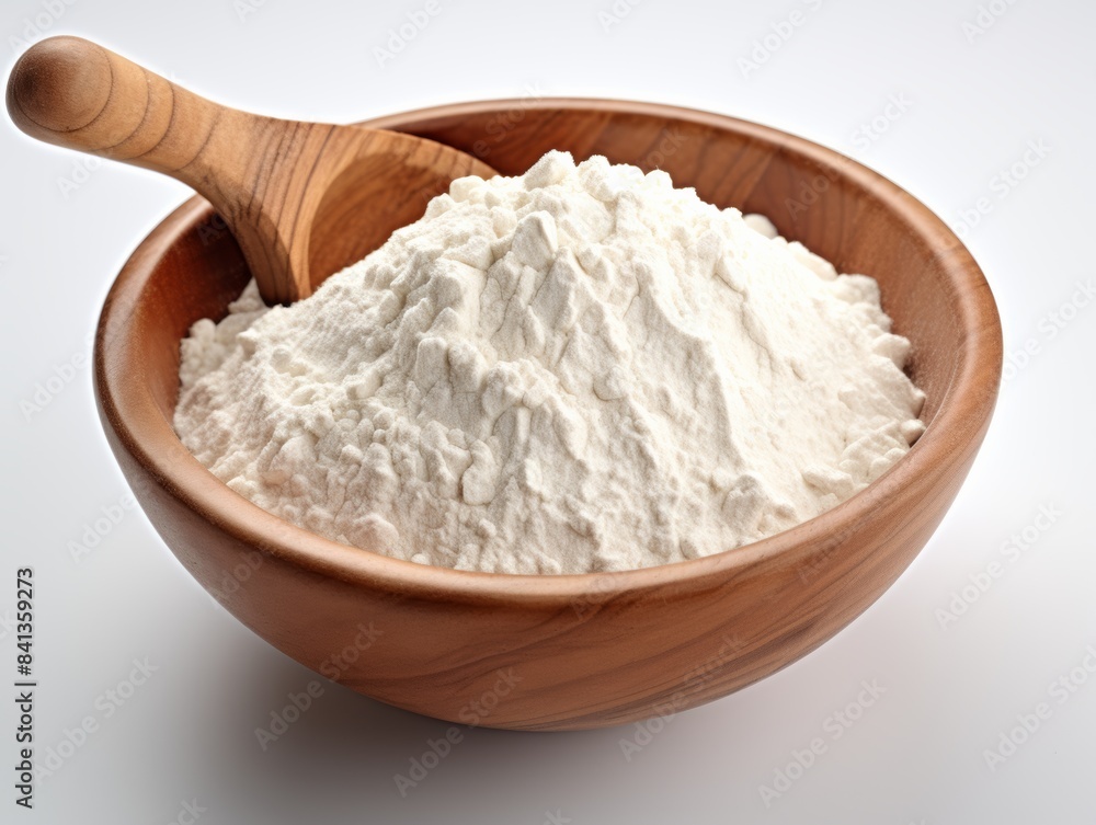 flour in a wooden bowl on a white background flour in a wooden bowl on a white background