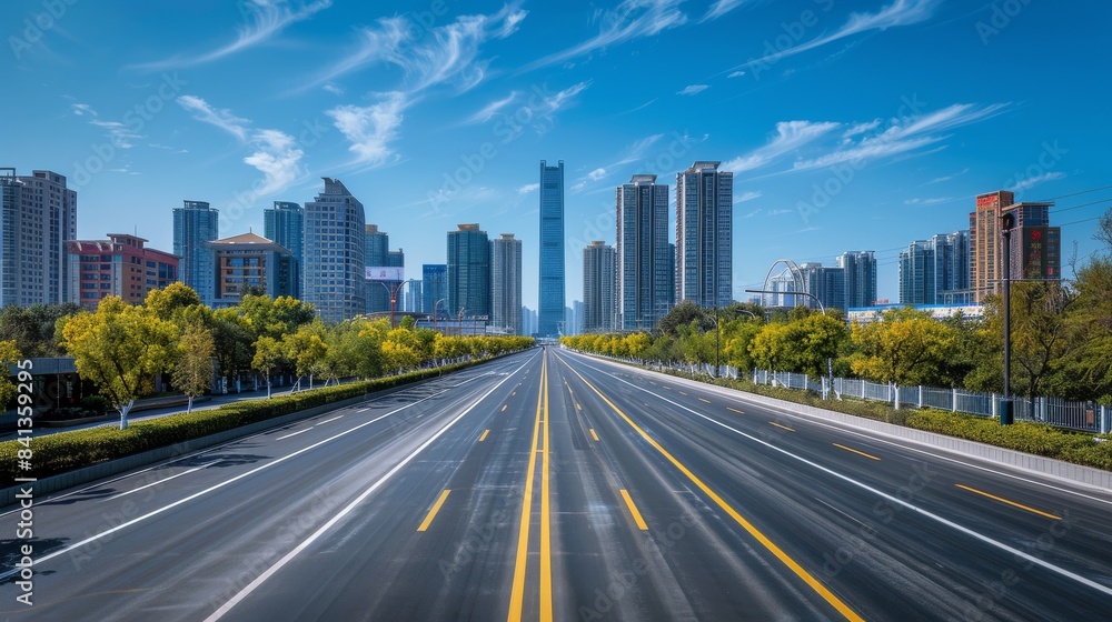 A long, empty road with a few buildings in the background A long, empty road with a few buildings in the background