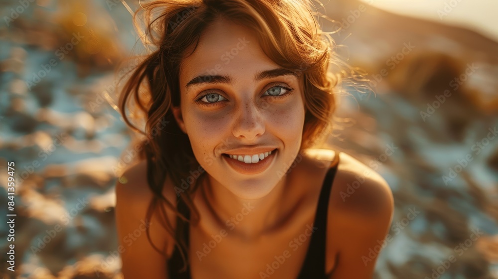  a beautiful woman with beautiful eyes wearing a black v top, leaning forward, low angle shot, looking happy