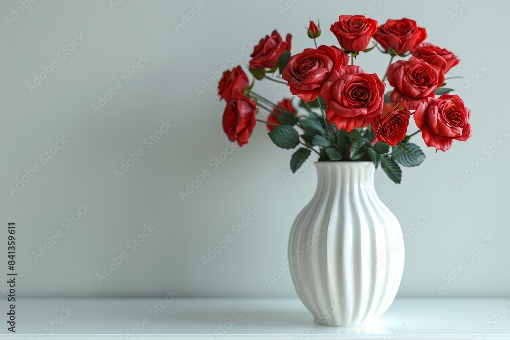 a white vase with red roses on the table against a white background a white vase with red roses on the table against a white background