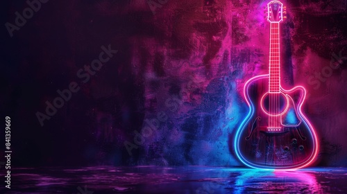 Neon Lit Electric Guitar in a Haze of Smoke, A Symbol of Rock and Rebellion. Music club poster background