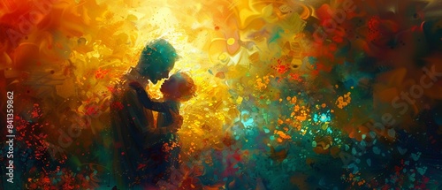 Child and parent in warm hug, Psychedelic, Bright hues, Watercolor, Surreal patterns and abstract background 8K , high-resolution, ultra HD,up32K HD