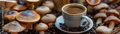 Rustic Flatlay of Mushroom Coffee in Mug Adorned with Fungi and Beans photo