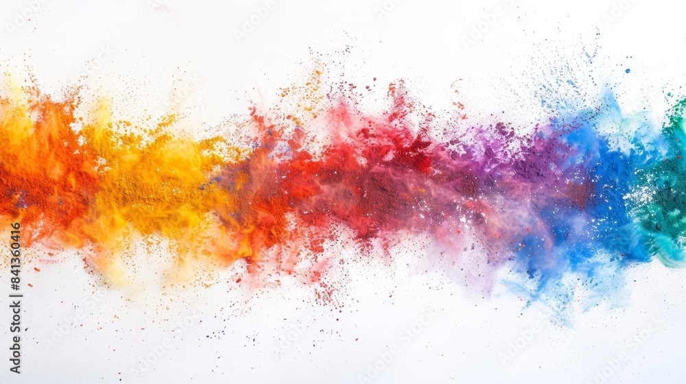 Obraz premium Vibrant Holi color powder explosion in panoramic rainbow hues against a pristine white backdrop.