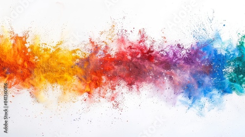 Vibrant Holi color powder explosion in panoramic rainbow hues against a pristine white backdrop.