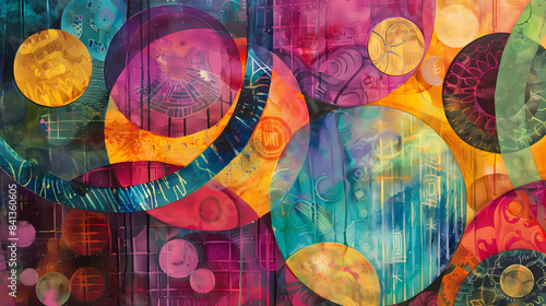 Vibrant mixed media composition with overlapping circular shapes and textures in a rainbow of colors  