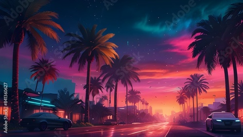 Palm trees silhouetted against neon lights in the night sky. generative ai