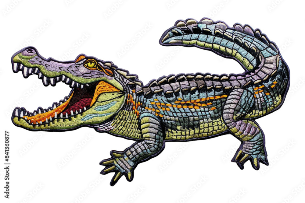 Fototapeta premium Vibrant Alligator Embroidery Patch - Colorful Textile Art for Creative Fashion and Accessories