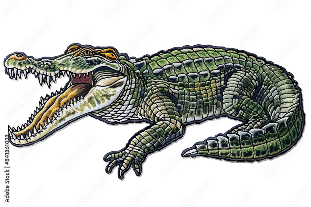 Naklejka premium Detailed Illustration of a Ferocious Green Alligator with Open Mouth and Sharp Teeth
