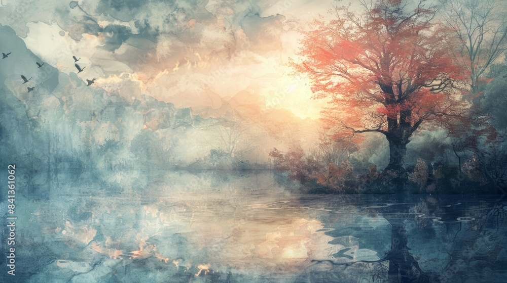 Obraz premium watercolor painting capturing the essence of a tranquil landscape, soft washes of color blending seamlessly together, creating a dreamy and ethereal atmosphere.