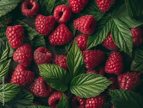 A close-up of vibrant red raspberries surrounded by lush green leaves, showcasing their natural texture and freshness