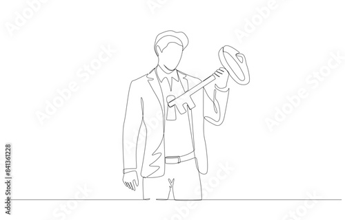 Continuous one line drawing of businessman insert key into keyhole in his body, unlocking personal skills  concept, single line art.