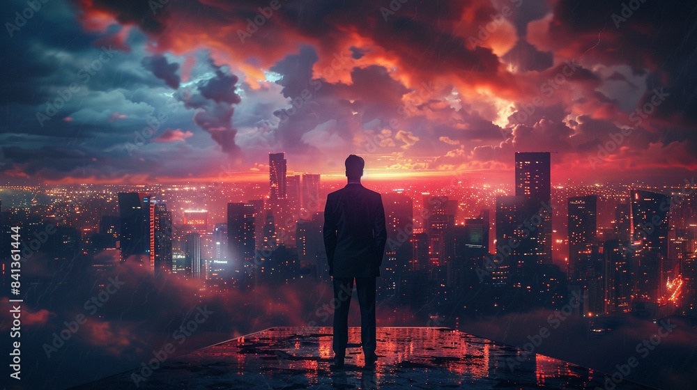 Man in suit facing urban skyline, Fantasy, Dark hues, Digital painting, Mystical atmosphere and ethereal light 8K , high-resolution, ultra HD,up32K HD Man in suit facing urban skyline, Fantasy, Dark hues, Digital painting, Mystical atmosphere and ethereal light 8K , high-resolution, ultra HD,up32K HD