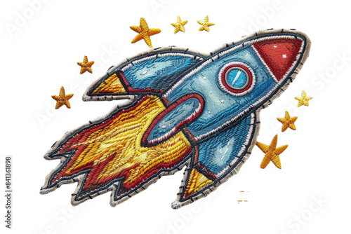 Colorful Rocket Embroidered Patch with Stars and Clouds - Cartoon Space-themed Iron-on Design