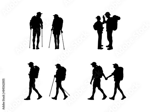Set of Hiking Couple Silhouette in various poses isolated on white background