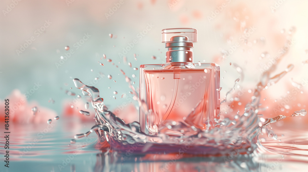 Fragrance bottle mockup with elegant water splash Fragrance bottle mockup with elegant water splash