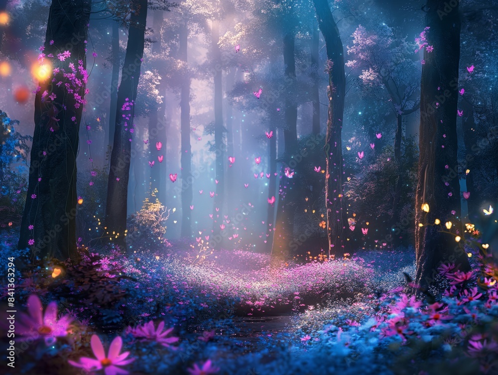 A mystical forest bathed in soft light, with glowing butterflies and vibrant flowers creating a magical atmosphere